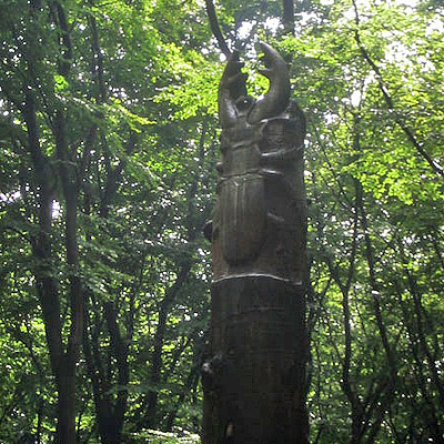 giant insects carved on standing dead trees