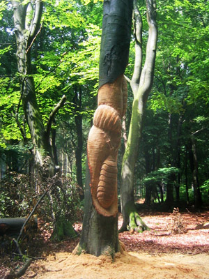 giant insects carved on standing dead trees